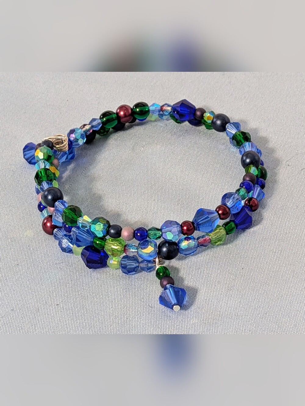 Water Element Inspired Memory Wire Bracelet with Blue, Green, Purple Crystals